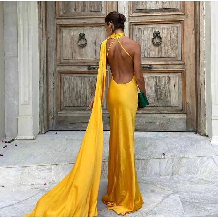 Sexy Halter Yellow Satin Backless Mermaid Evening Dress,Long Party Dress