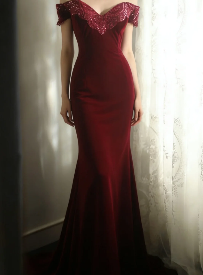 Classy Off The Shoulder Red Velvet Mermaid Long Evening Dress Formal Birthday Prom Dress