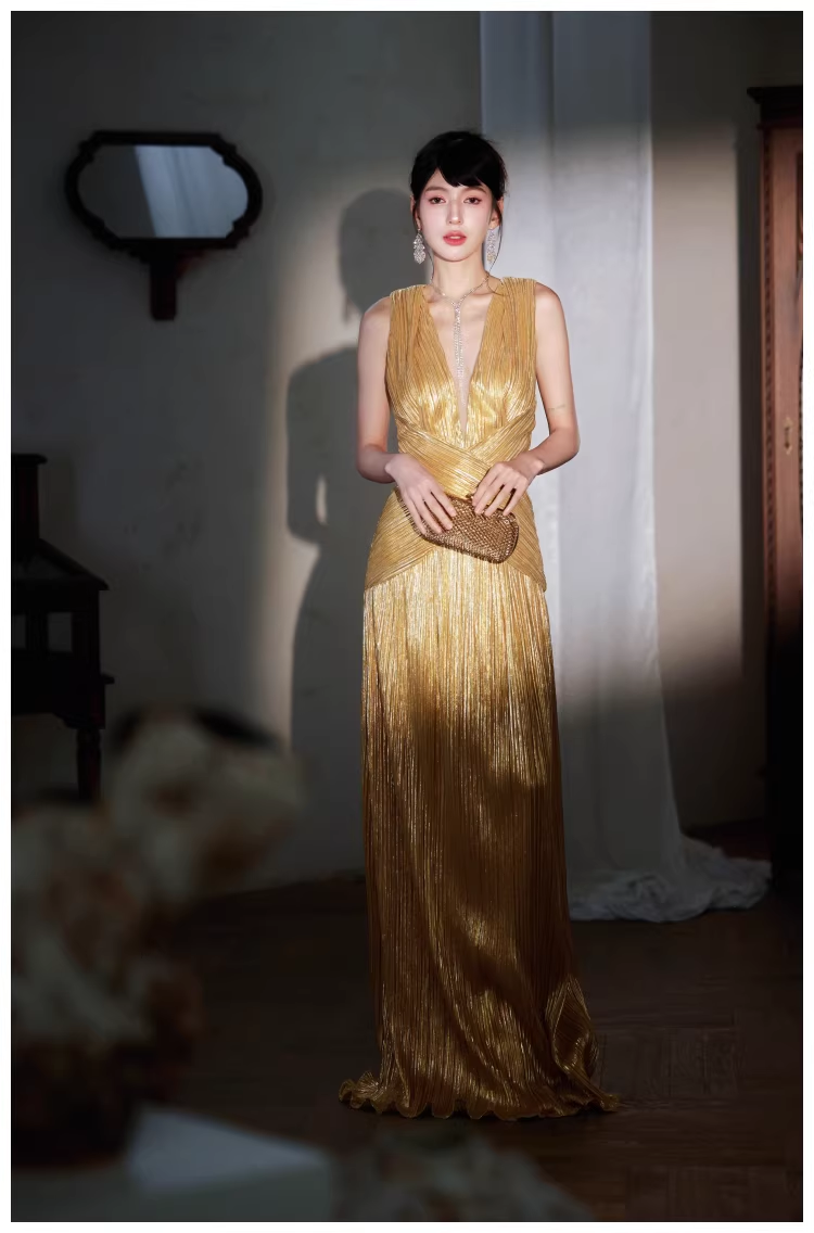 Gorgeous V Neck Gold Satin Pleated Long Evening Dress 19th Birthday Outfits