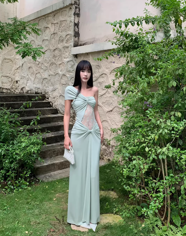 Elegant Pea Green Shoulder Satin Lace Mermaid Long Wedding Guest Dress Formal Evening Dress Prom Dress