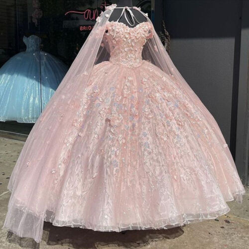 Pink Quinceanera Dresses 3D Flowers Off The Shoulder Sweet 15 Prom Ball Gowns