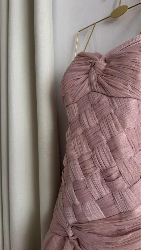 Pretty Pink Strapless Tulle Pleated Mermaid Evening Dress Long Birthday Party Dress