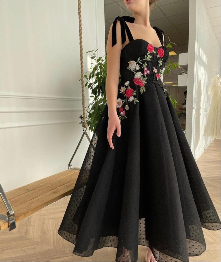 Black Polka Dot Tulle A Collection Evening Gown Colorful Floral Lace Velvet Spaghetti Straps Strap Pockets Ankle Length Dress