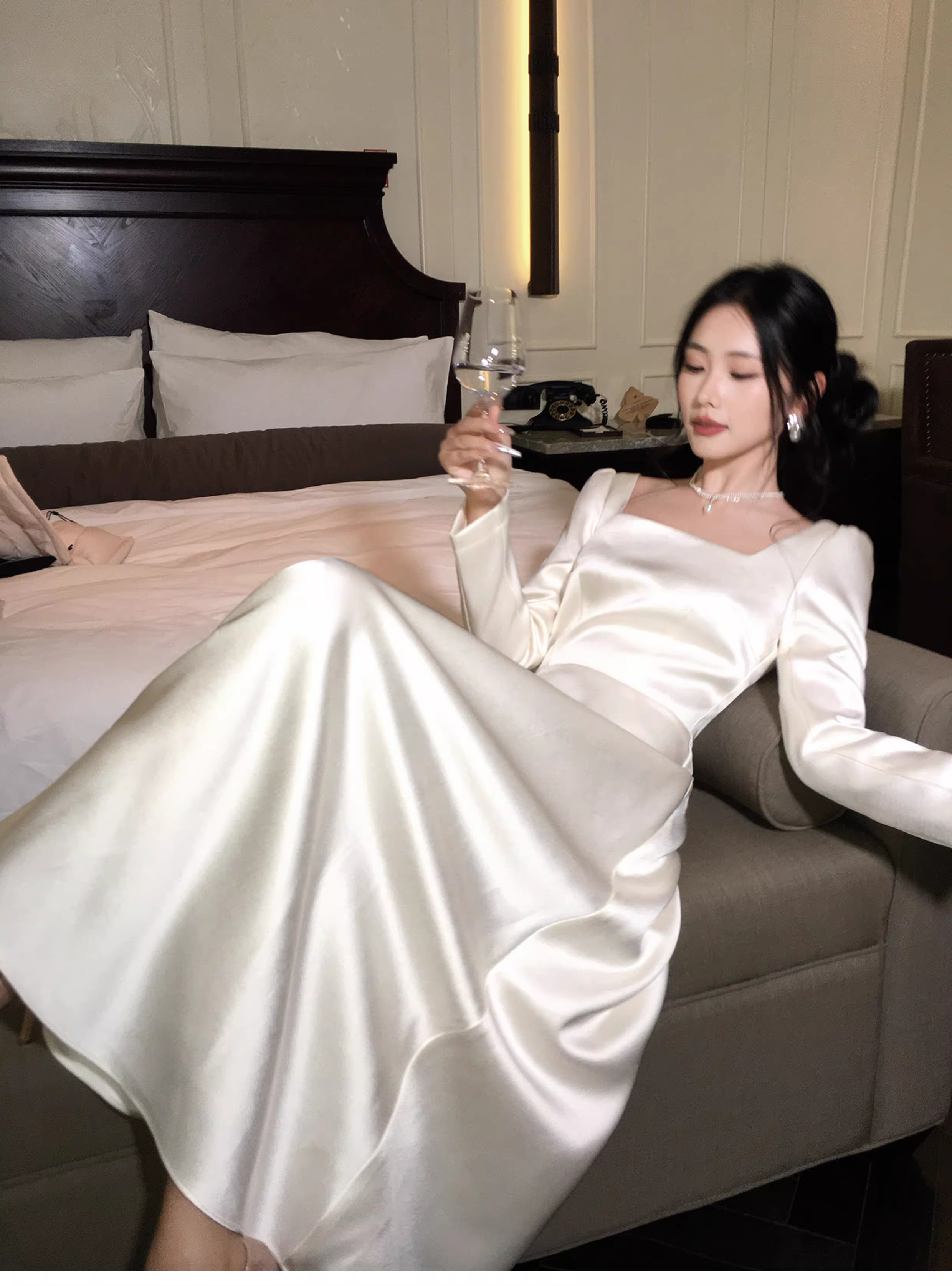 Elegant Square White Satin A Line Long Party Dress Evening Dress