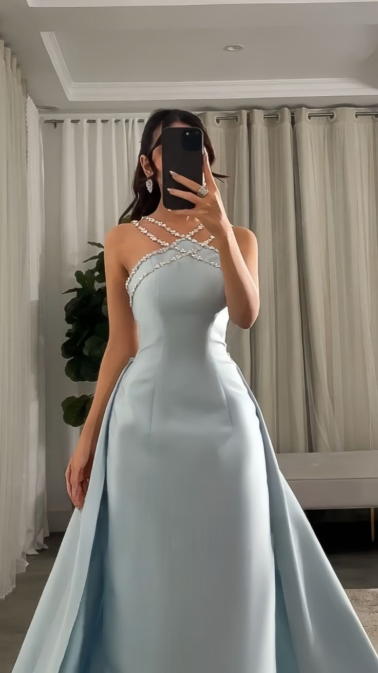 Gorgeous Blue Sleeveless Satin Beaded Mermaid Long Prom Dress Evening Gown