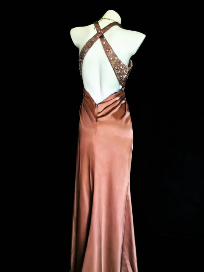 Fashion Halter Satin Sequin Mermaid Long Party Dress Backless Evening Dress