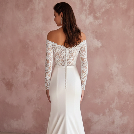 Beaded Sleeve Wedding Dress Simple Long Classic Bridal Wear
