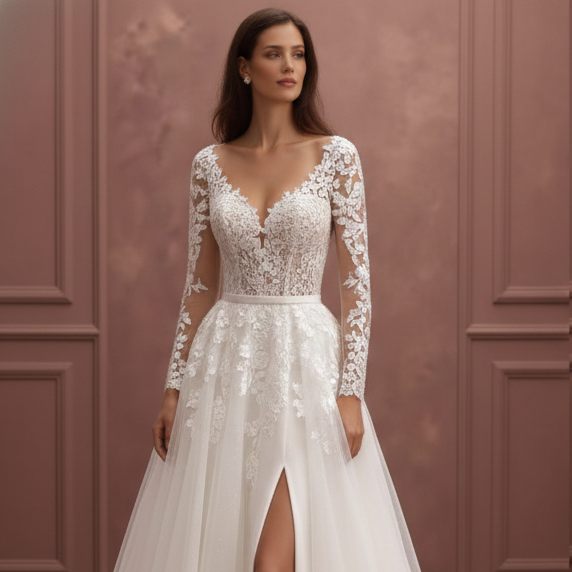 Bishop Sleeve Wedding Dress Chiffon Long Boho Romantic Gown
