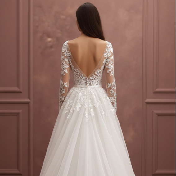Bishop Sleeve Wedding Dress Chiffon Long Boho Romantic Gown