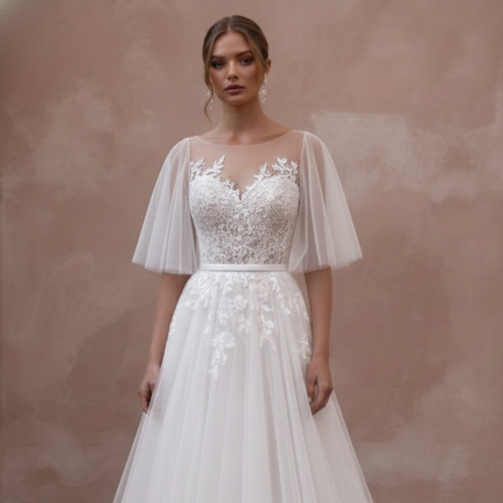 Butterfly Sleeve Wedding Dress Ethereal Long Chiffon Gown