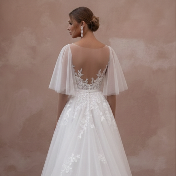 Butterfly Sleeve Wedding Dress Ethereal Long Chiffon Gown