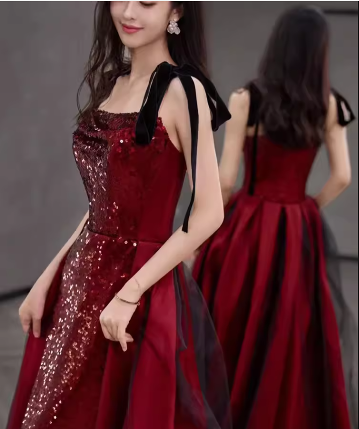 Simple A Line Burgundy Sequin Long Prom Dresses