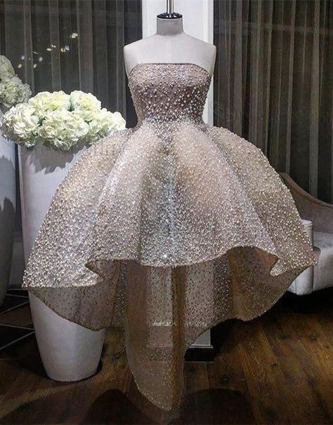 Strapless Hi Low Homecoming Dresses with Pearls