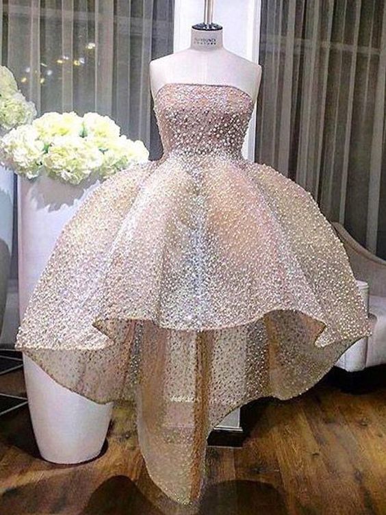 Strapless Hi Low Homecoming Dresses with Pearls