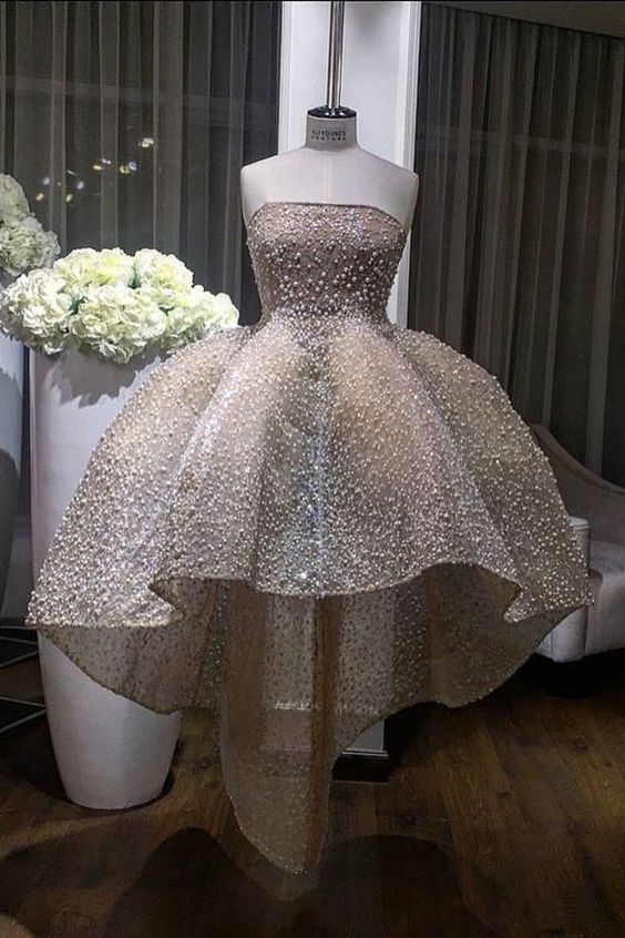 Strapless Hi Low Homecoming Dresses with Pearls