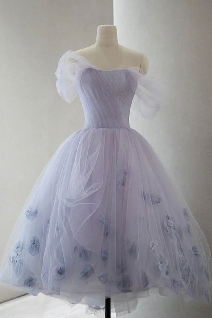 Vintage Light Purple Tulle High Low Floral Homecoming Dress