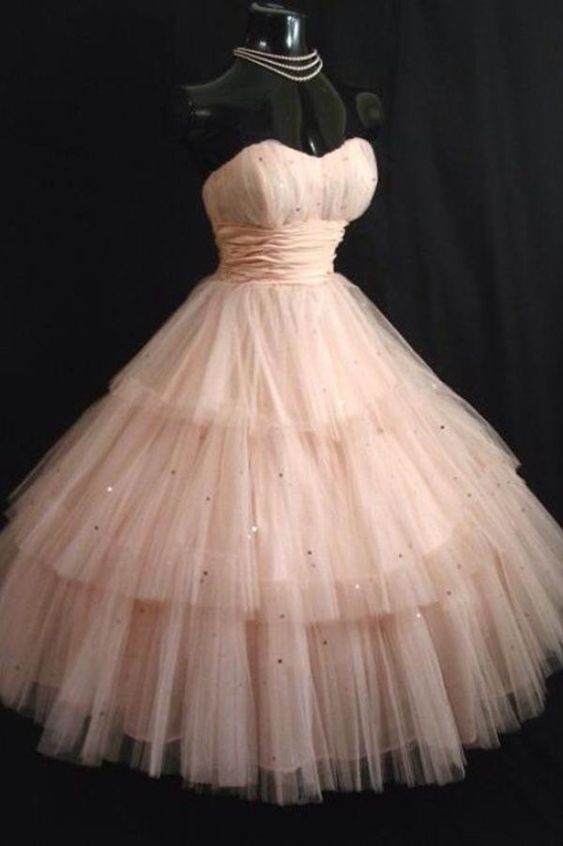 Vintage Pink Strapless Tulle Tea Length Short Homecoming Dress