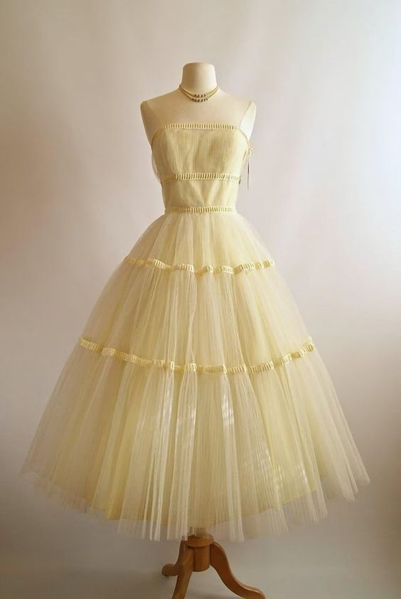 Vintage 50s Vintage Yellow Homecoming Dresses Tea Length Homecoming Dress