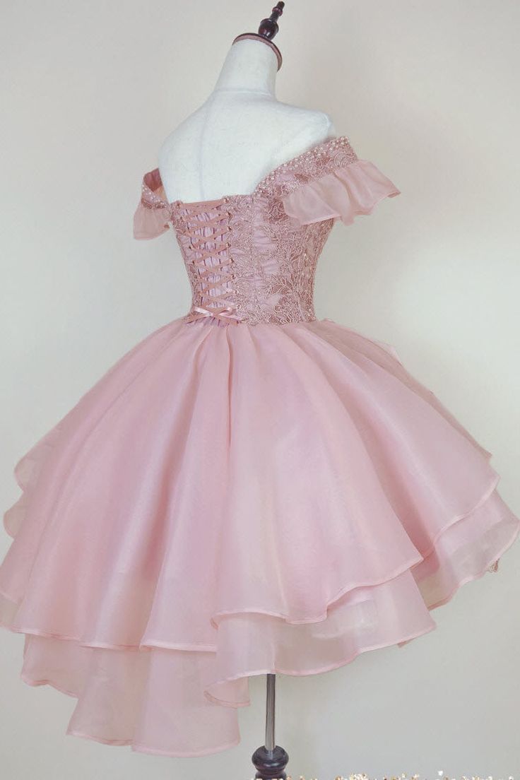 Pink Lace Homecoming Gown with Beading, Princess Off the Shoulder Hoco Dress