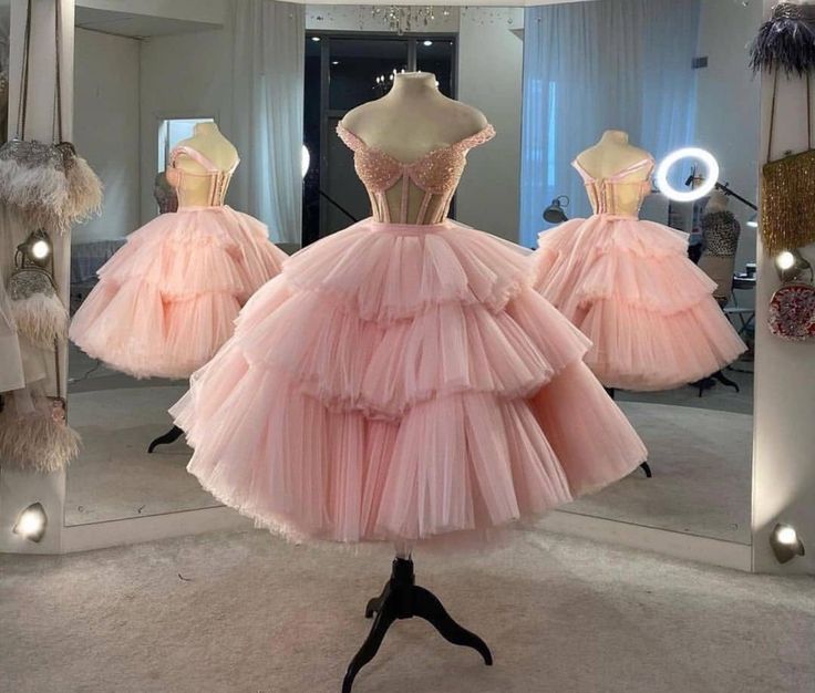 Ball Gown Puffy Straps Tiered Pink Tea Length Homecoming Dress