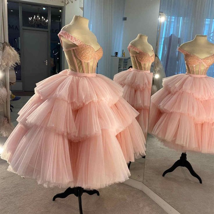 Ball Gown Puffy Straps Tiered Pink Tea Length Homecoming Dress