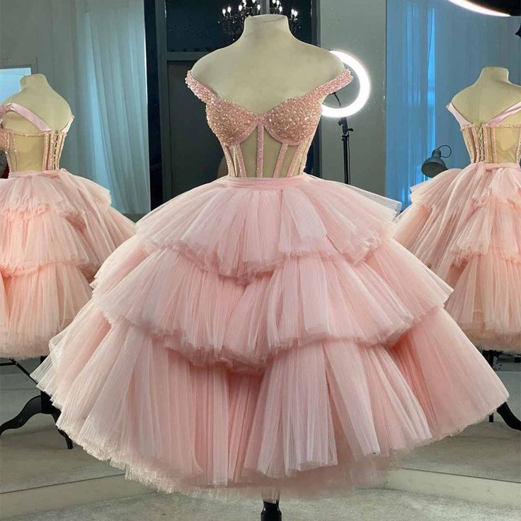 Ball Gown Puffy Straps Tiered Pink Tea Length Homecoming Dress