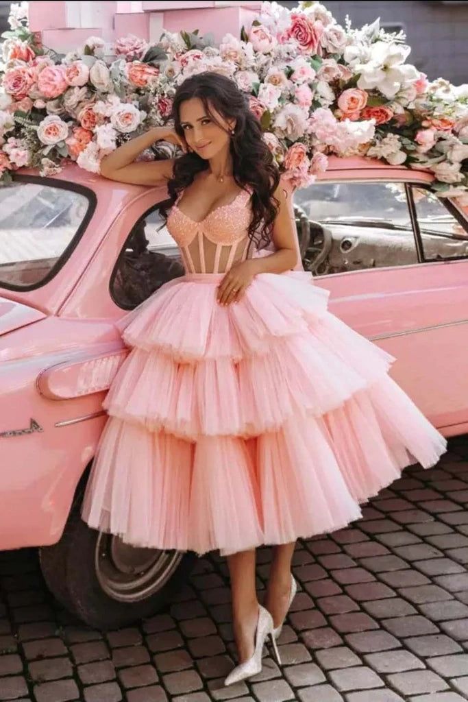 Ball Gown Puffy Straps Tiered Pink Tea Length Homecoming Dress