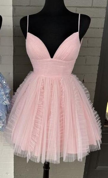 A line V-neck Tulle Homecoming Dress with Ruched Bodice and Ruffle Embellishments