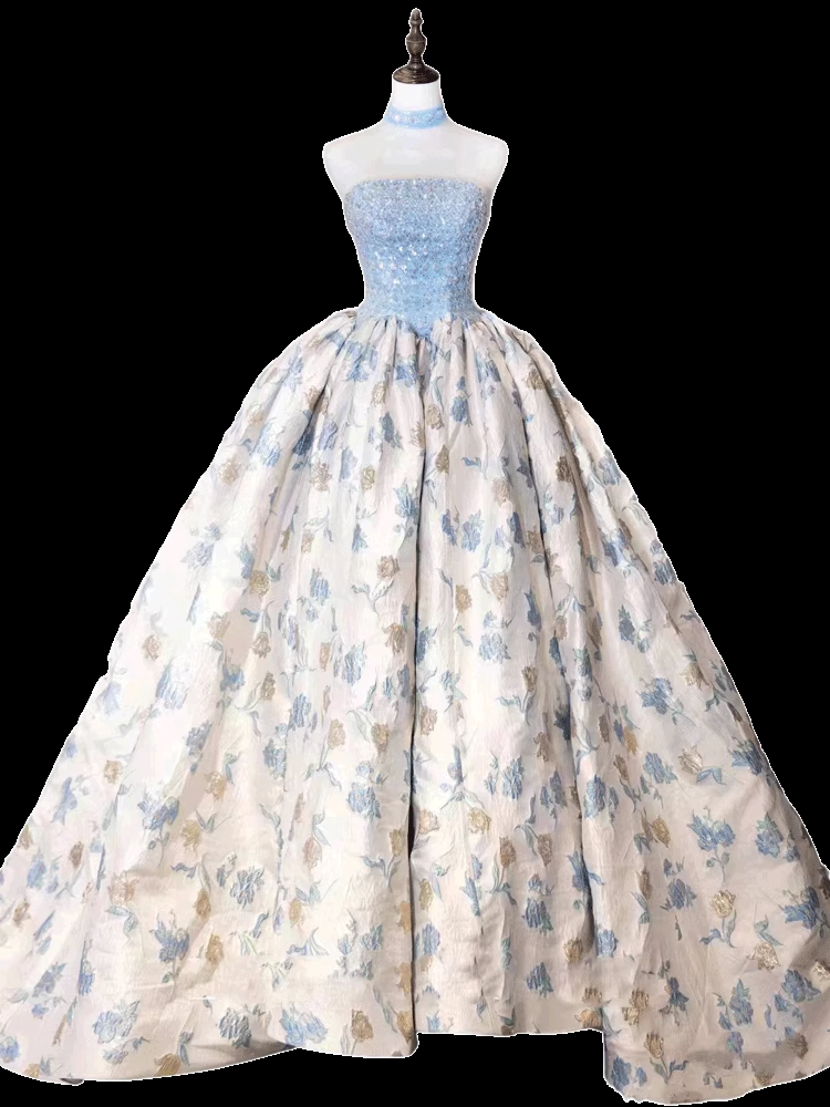 Simple Ball Gown Blue Satin Floral Long Prom Dresses