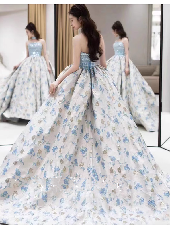Simple Ball Gown Blue Satin Floral Long Prom Dresses