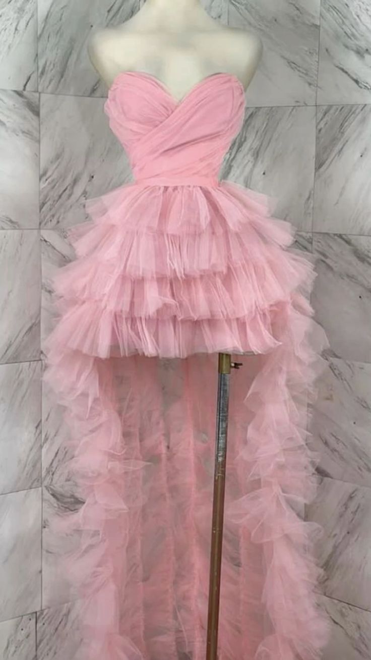 High Low Sweetheart Sleeveless Tulle Pink Long Prom Dresses