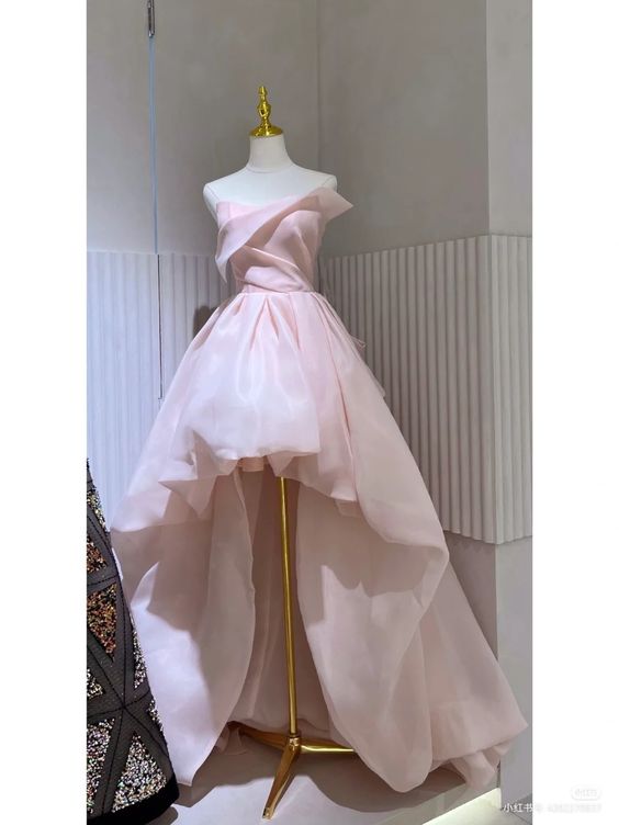 Simple High Low Sweetheart Sleeveless Organza Pink Prom Dresses