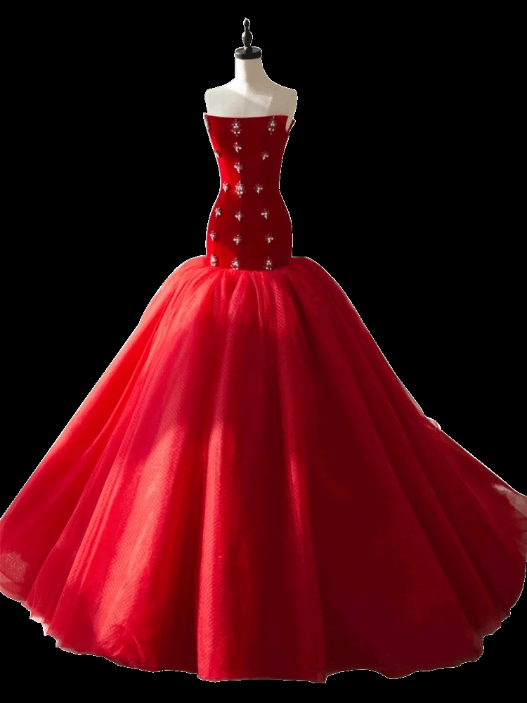 Simple Mermaid Red Tulle Long Prom Dresses