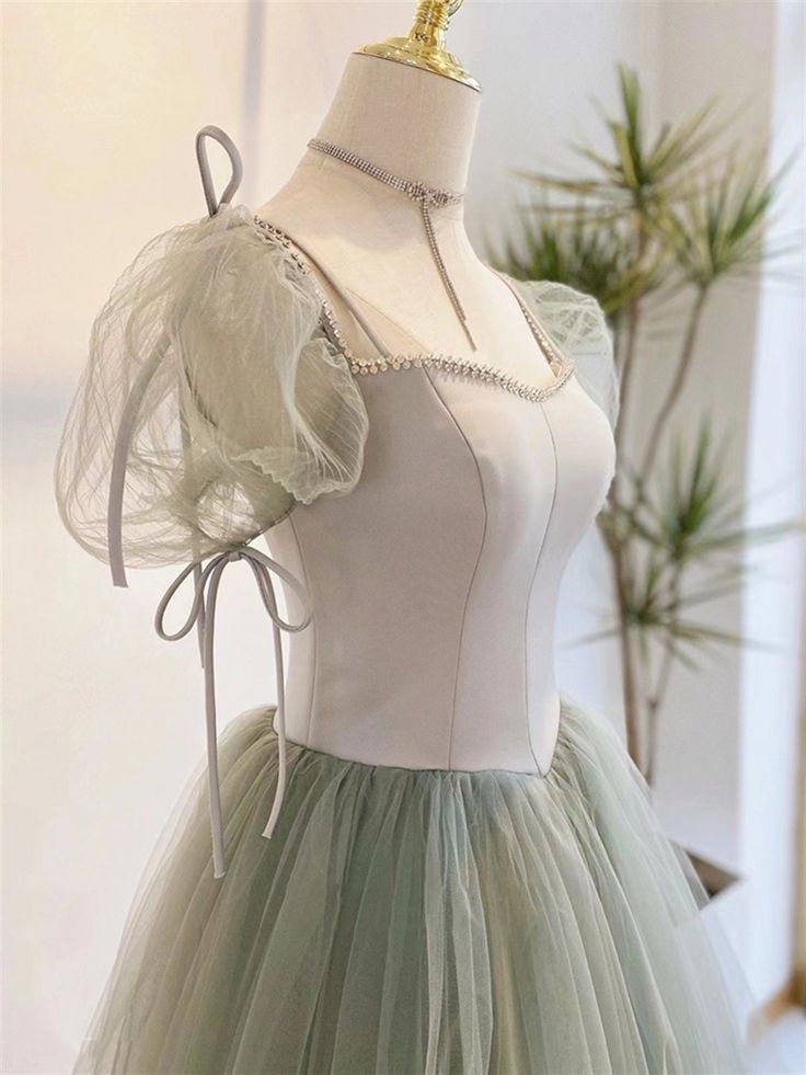 A line Short Sleeves Green Satin Tulle Long Prom Dress