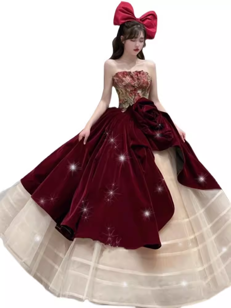 Simple Ball Gown Strapless Red Tulle Long Prom Dresses