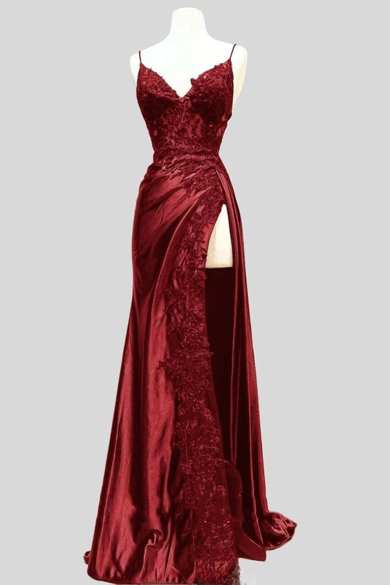 Chic Appliques Mermaid Long Red Slit Prom Dres With Lace