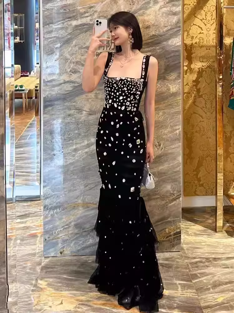Mermaid Straps Black Tulle Beads Long Prom Dress