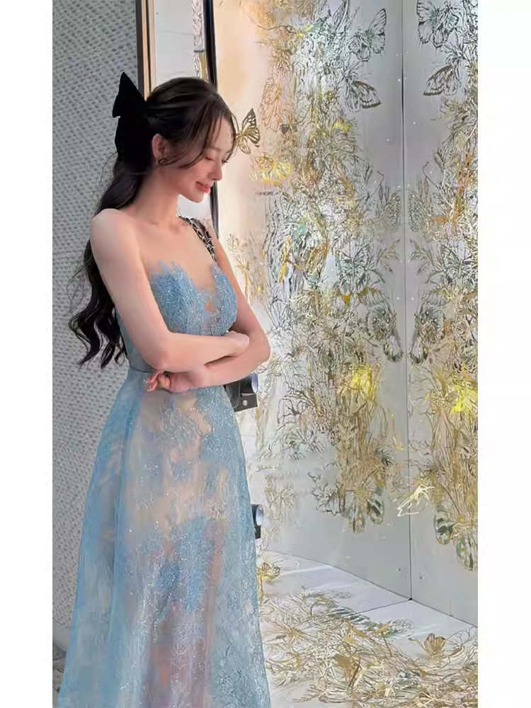 A Line Scoop Neckline Sleeveless Lace Blue Prom Dress