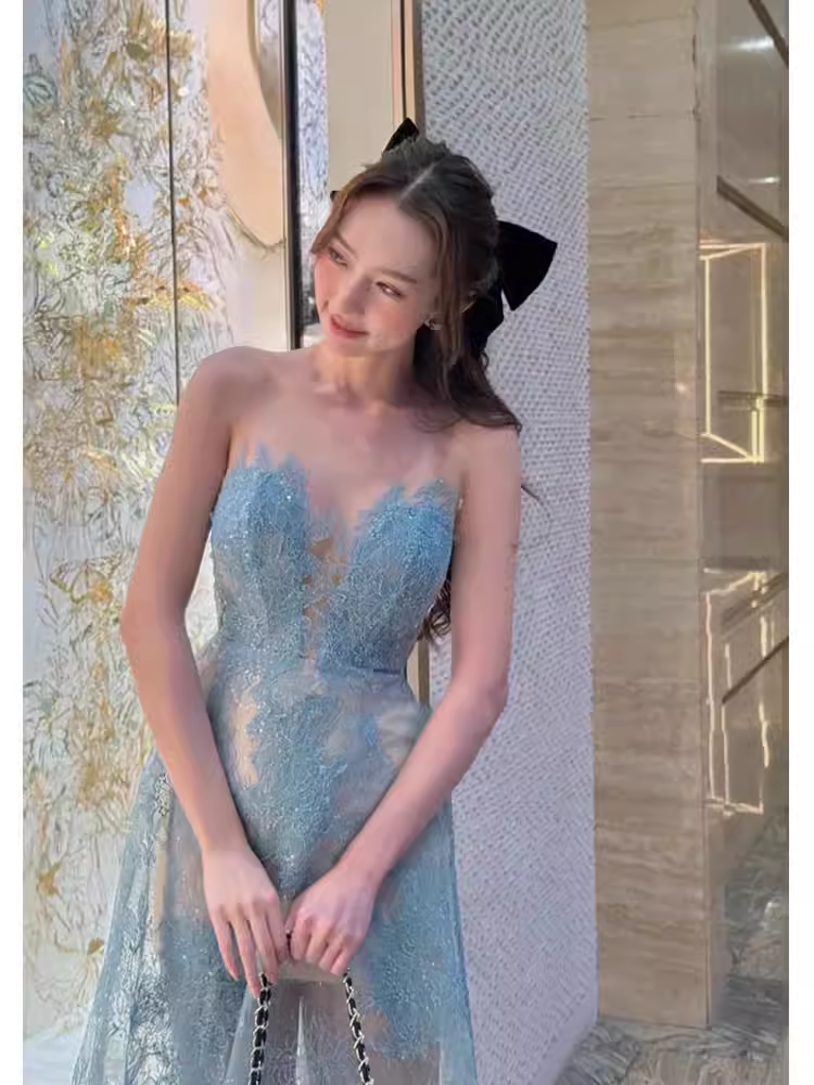 A Line Scoop Neckline Sleeveless Lace Blue Prom Dress