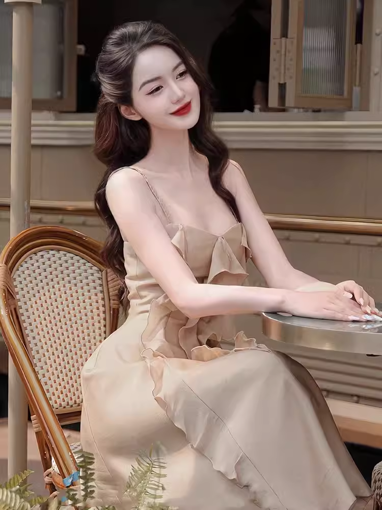 A Line Straps Sleeveless Chiffon Champagne Prom Dress