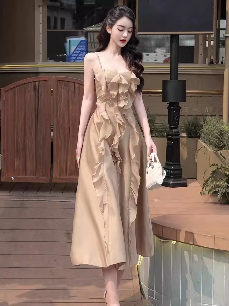 A Line Straps Sleeveless Chiffon Champagne Prom Dress