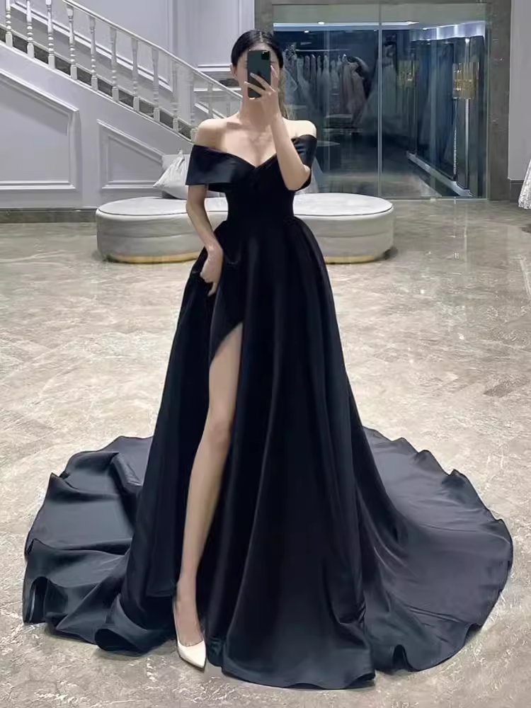 Simple A line Off The Shoulder Satin Black Long Prom Dresses