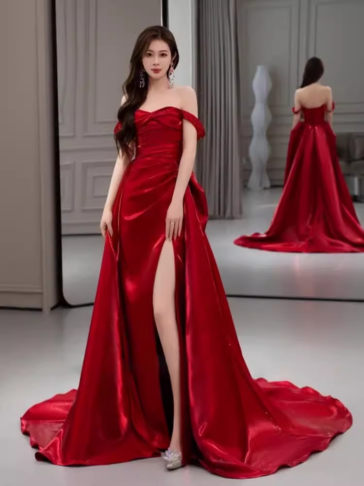 Simple Sheath Off The Shoulder Satin Red Long Prom Dresses