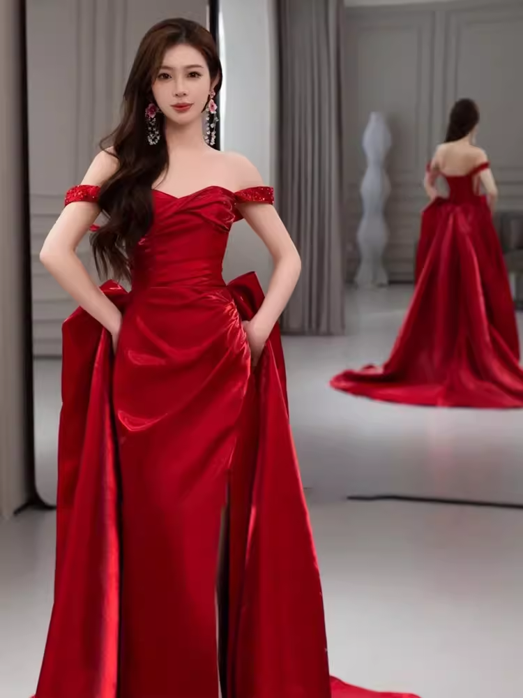 Simple Sheath Off The Shoulder Satin Red Long Prom Dresses
