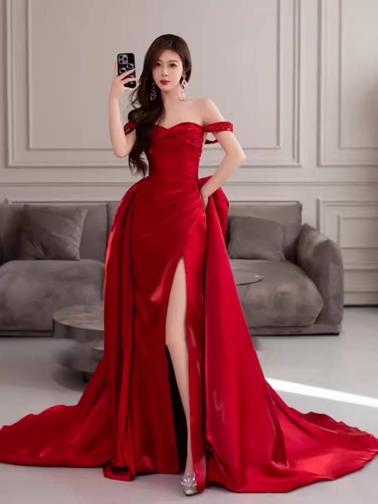 Simple Sheath Off The Shoulder Satin Red Long Prom Dresses