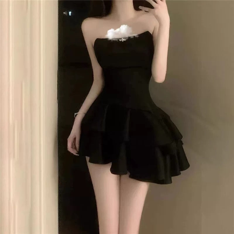 Modest Sheath Strapless Black Satin Homecoming Dress 21st Birthday Outfit