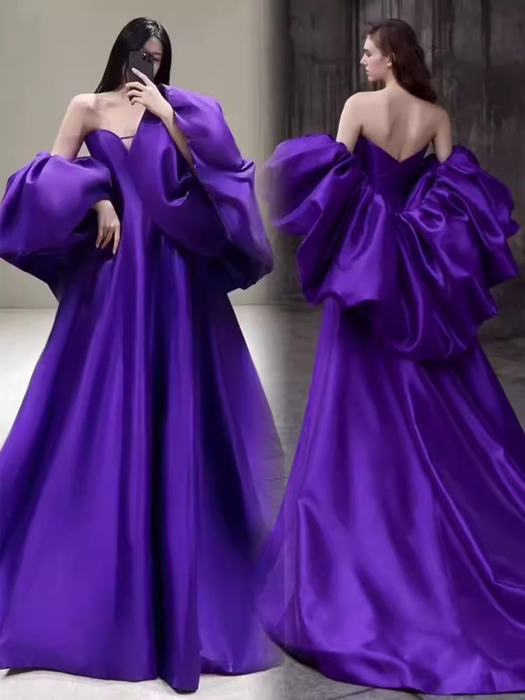 Simple A line Off The Shoulder Satin Grape Long Prom Dresses