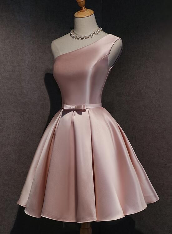 Cute Pink Satin One Shoulder Party Dress Homecoming Dresses Birthday Outfit