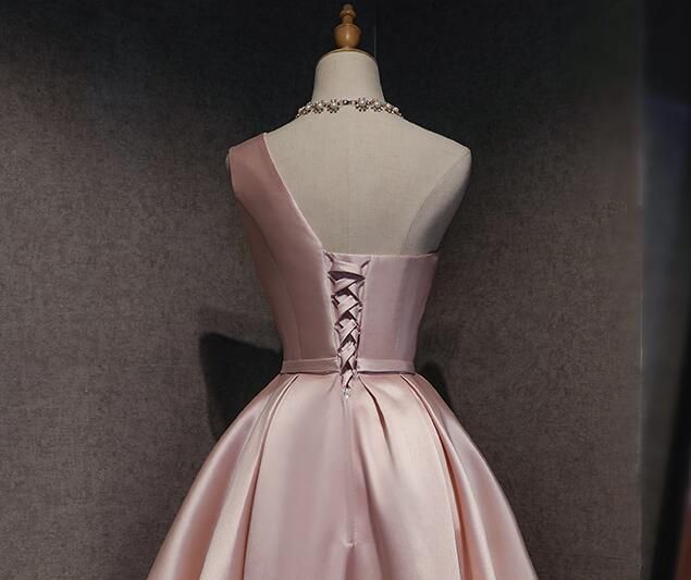 Cute Pink Satin One Shoulder Party Dress Homecoming Dresses Birthday Outfit