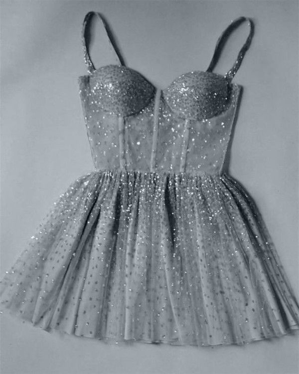 Cute Spaghetti Straps Glitter Sliver Short Homecoming Dress Birthday Outfit